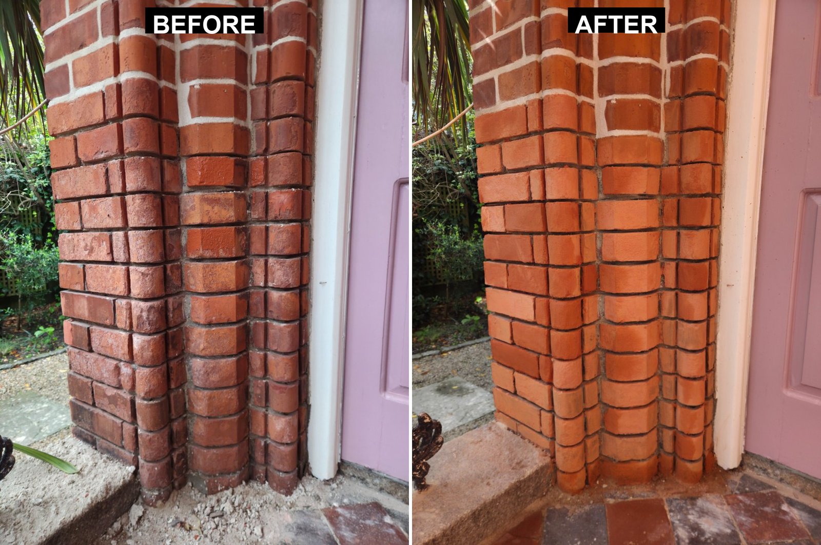 Decorative brick pillar before and after restoration in Dublin