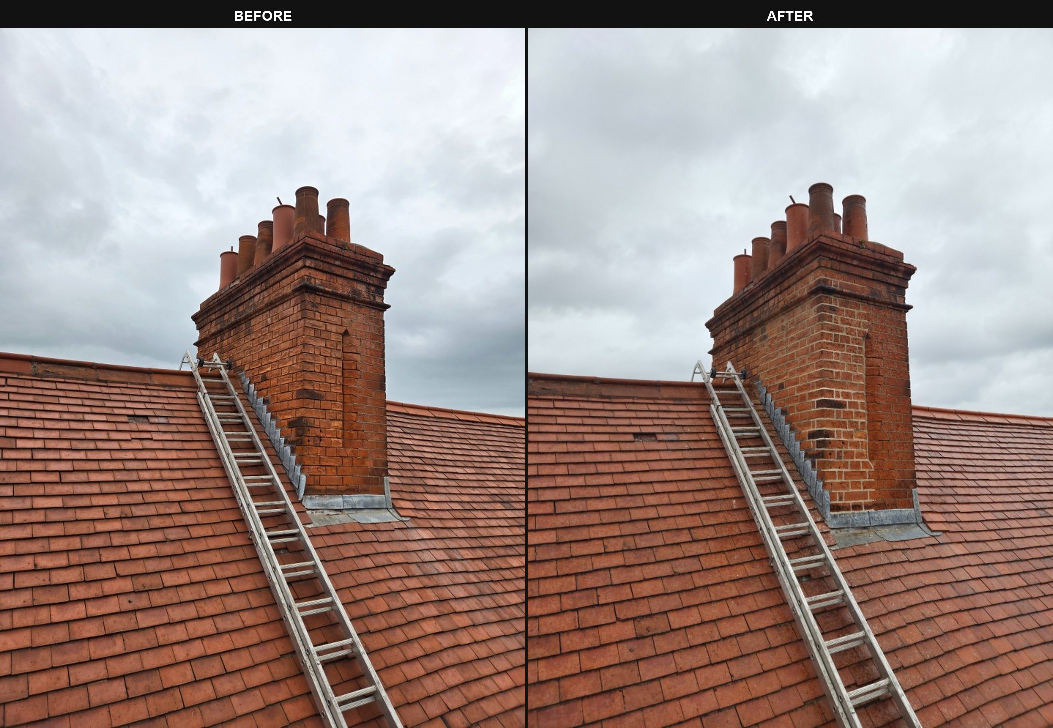 Before and after chimney stack repair on a Dublin tiled roof