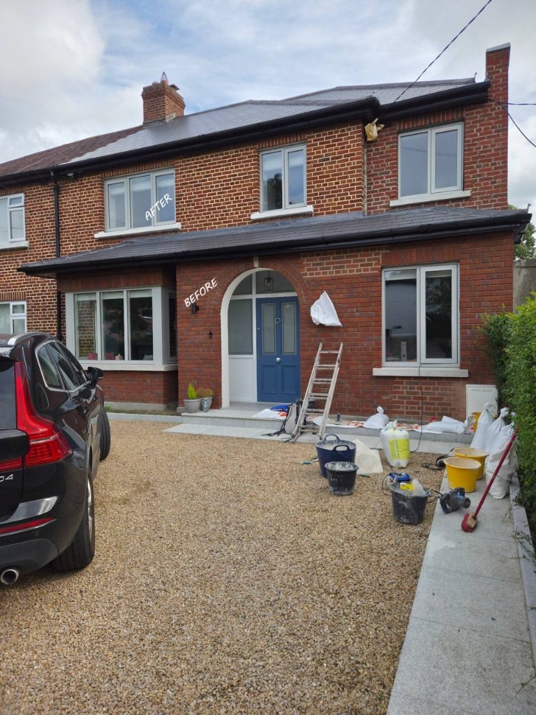 Before and after brick façade cleaning and restoration on a Dublin red-brick house